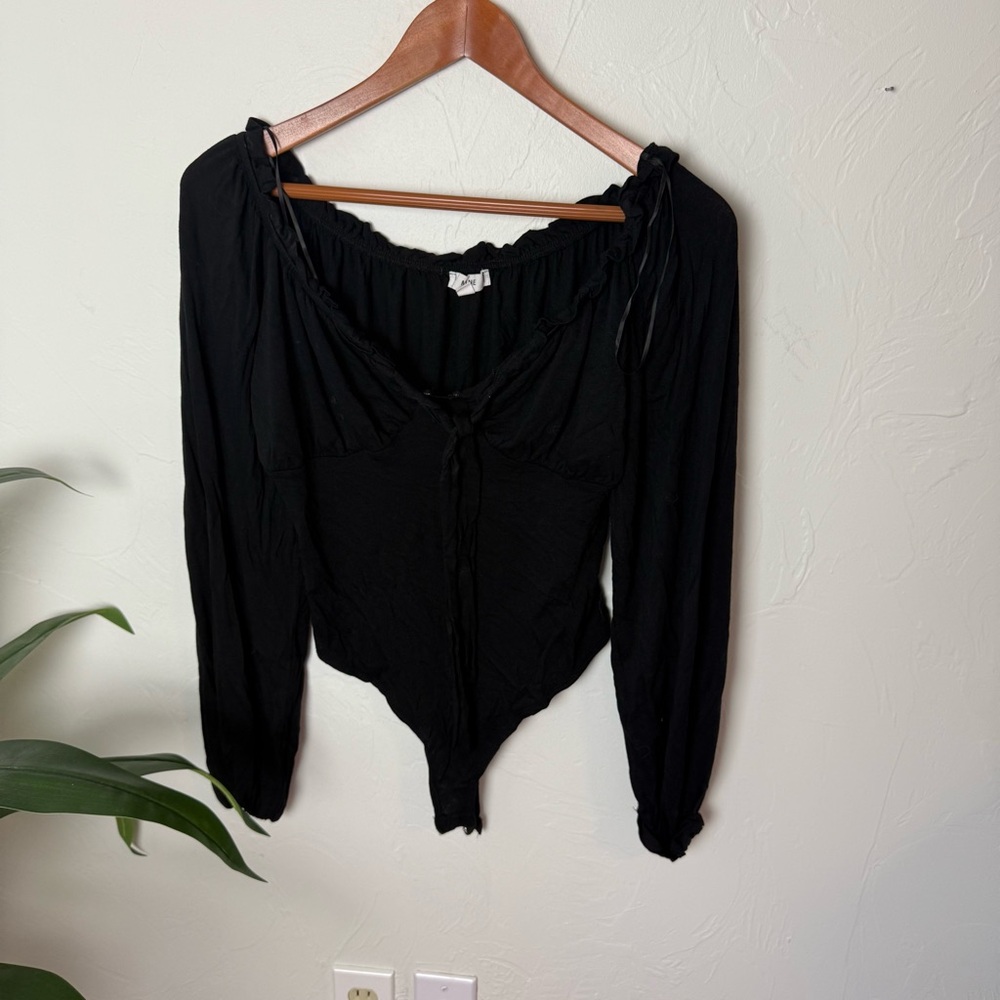 Black Long Sleeve Tie-Front Bodysuit Top | Size L